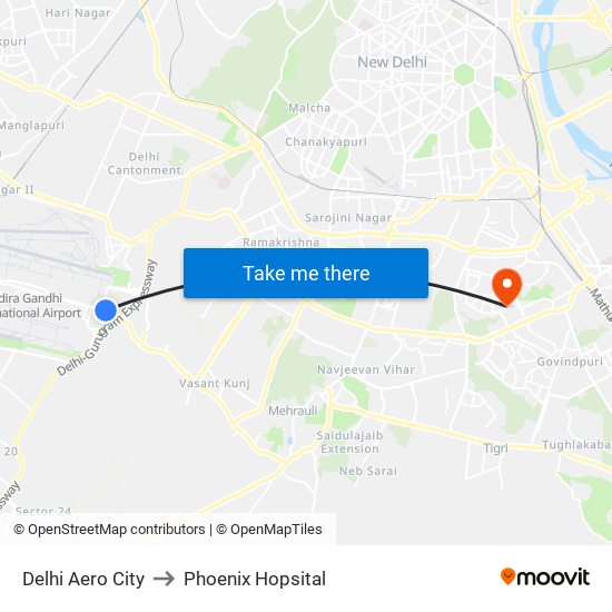 Delhi Aero City to Phoenix Hopsital map