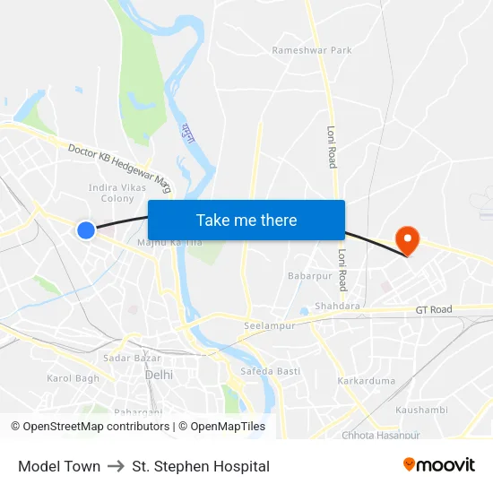Model Town to St. Stephen Hospital map