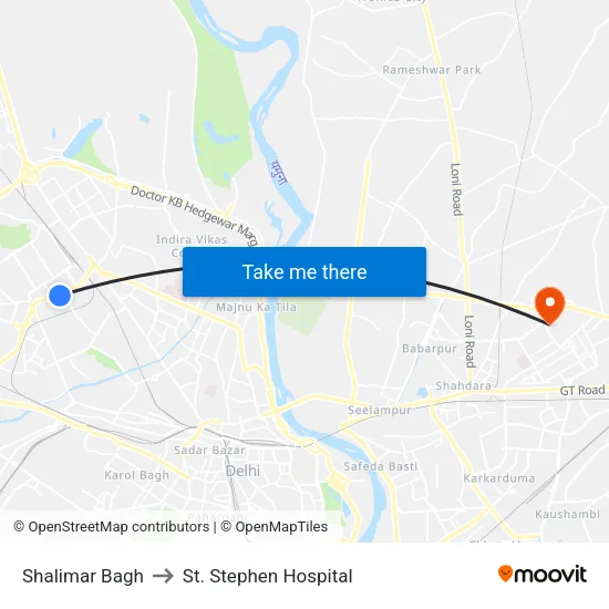 Shalimar Bagh to St. Stephen Hospital map