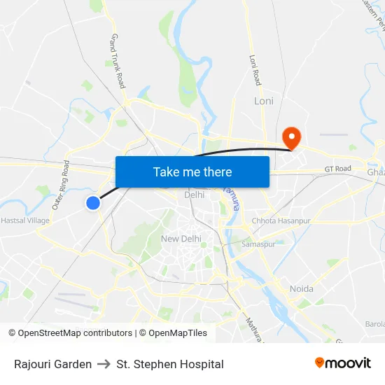 Rajouri Garden to St. Stephen Hospital map
