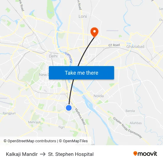 Kalkaji Mandir to St. Stephen Hospital map