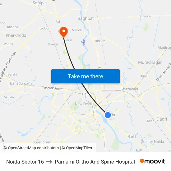 Noida Sector 16 to Parnami Ortho And Spine Hospital map