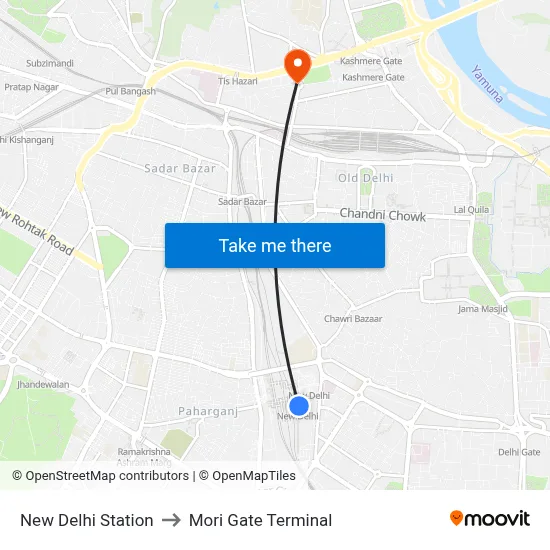 New Delhi Station to Mori Gate Terminal map