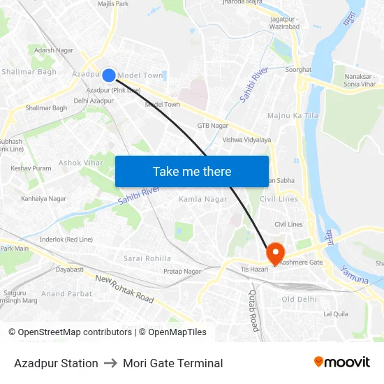 Azadpur Station to Mori Gate Terminal map