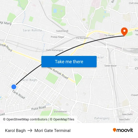 Karol Bagh to Mori Gate Terminal map