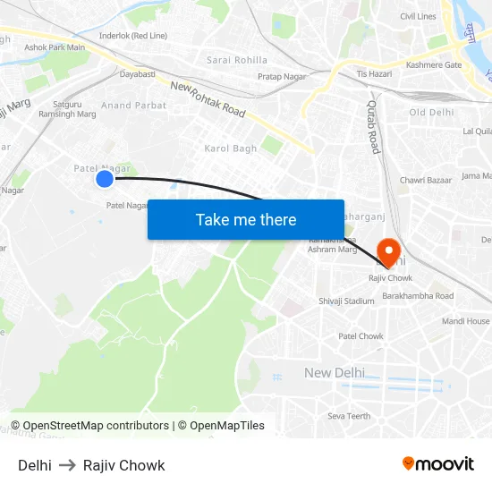 Delhi to Rajiv Chowk map