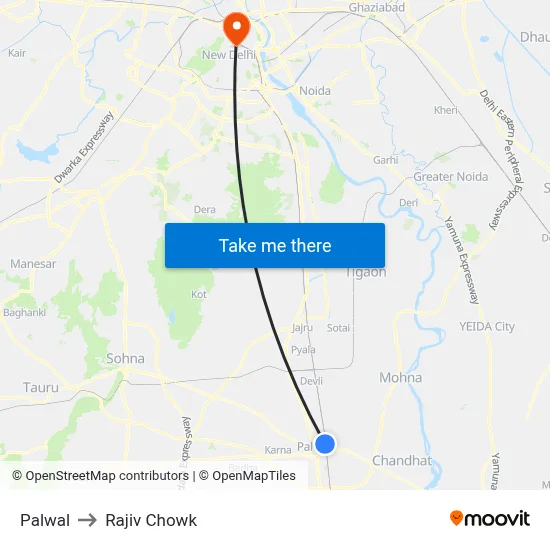 पलवल to राजीव चौक map