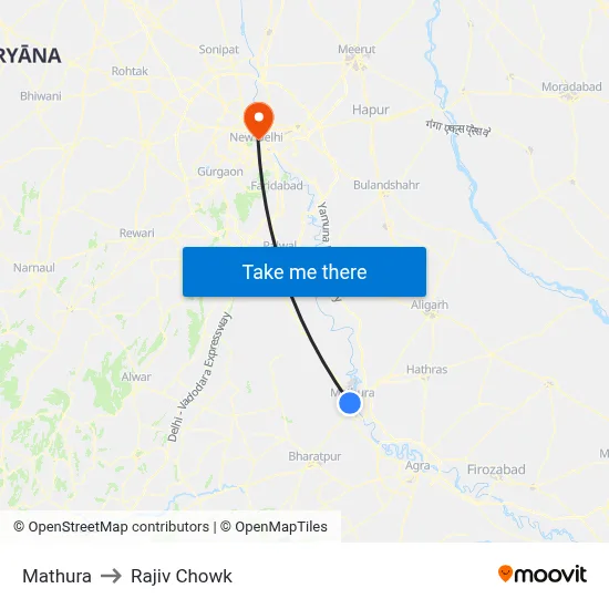मथुरा to राजीव चौक map