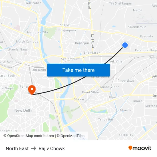 North East to Rajiv Chowk map
