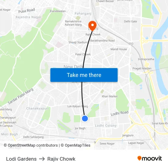 Lodi Gardens to Rajiv Chowk map