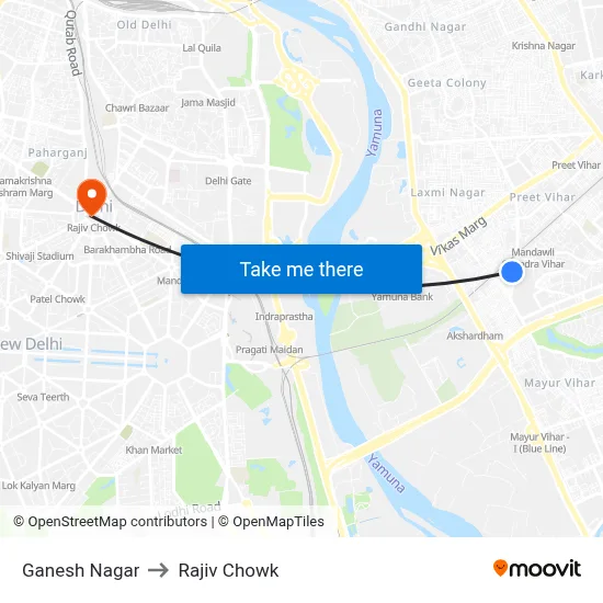 Ganesh Nagar to Rajiv Chowk map