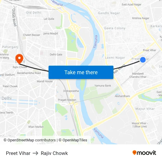 Preet Vihar to Rajiv Chowk map