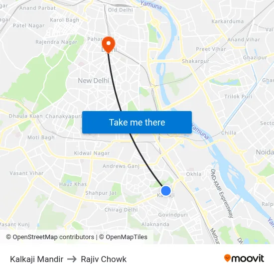 Kalkaji Mandir to Rajiv Chowk map