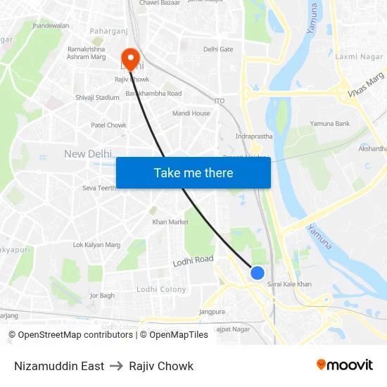 निज़ामुद्दीन पूर्व to राजीव चौक map