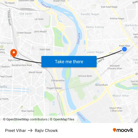 Preet Vihar to Rajiv Chowk map