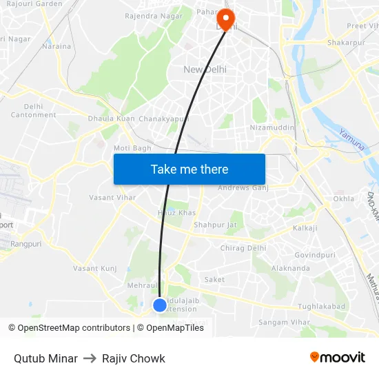 Qutub Minar to Rajiv Chowk map