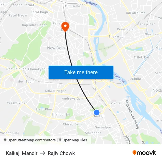 Kalkaji Mandir to Rajiv Chowk map