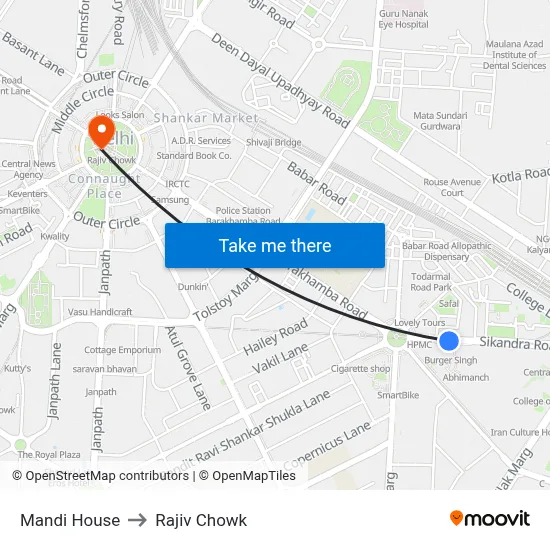 Mandi House to Rajiv Chowk map