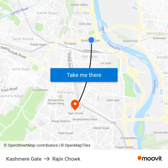 Kashmere Gate to Rajiv Chowk map