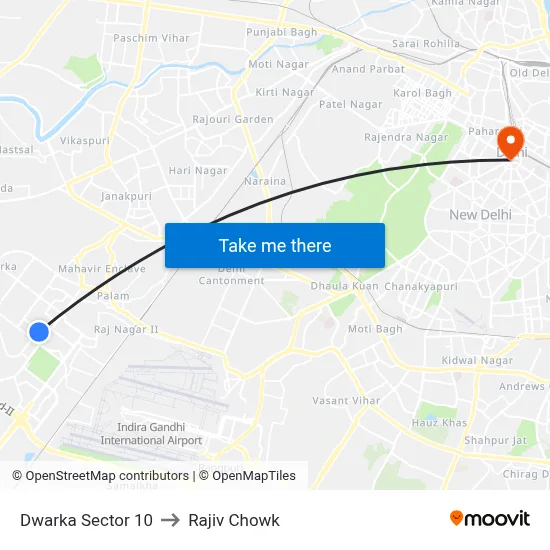 Dwarka Sector 10 to Rajiv Chowk map