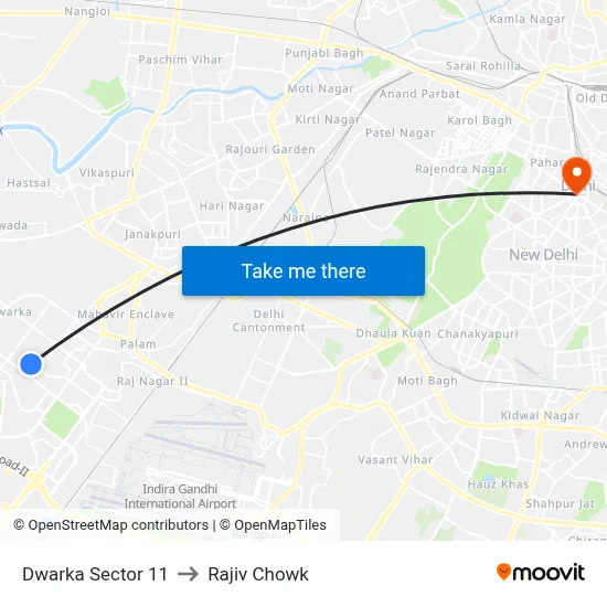 Dwarka Sector 11 to Rajiv Chowk map