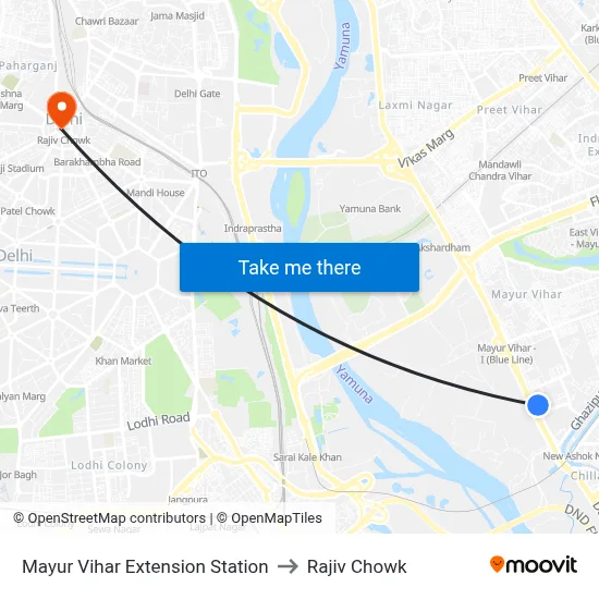 Mayur Vihar Extension Station to Rajiv Chowk map