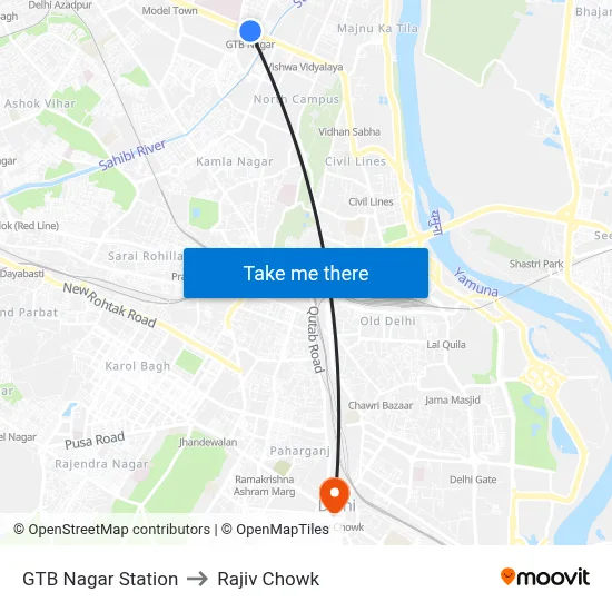 GTB Nagar Station to Rajiv Chowk map