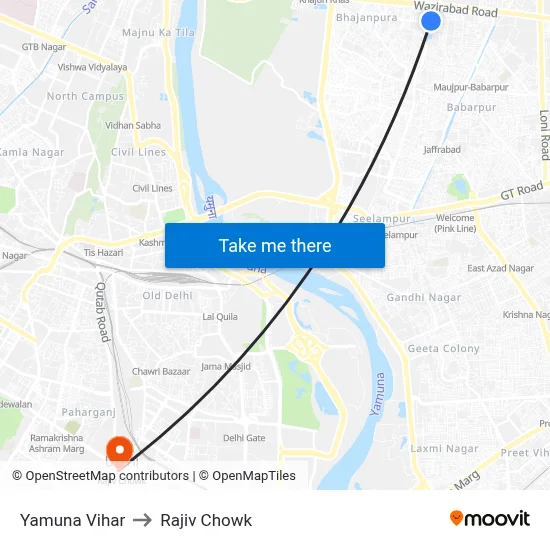 Yamuna Vihar to Rajiv Chowk map