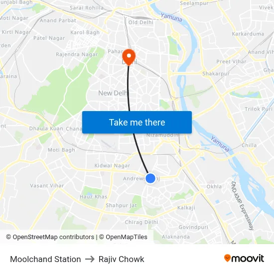 Moolchand Station to Rajiv Chowk map