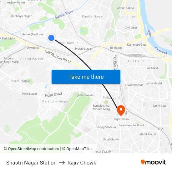 Shastri Nagar Station to Rajiv Chowk map