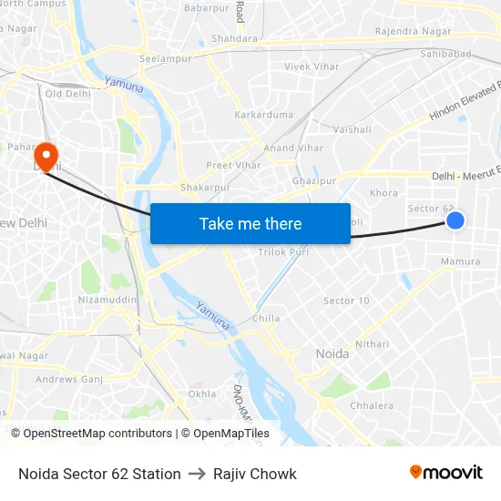 Noida Sector 62 Station to Rajiv Chowk map
