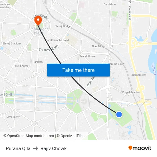 Purana Qila to Rajiv Chowk map