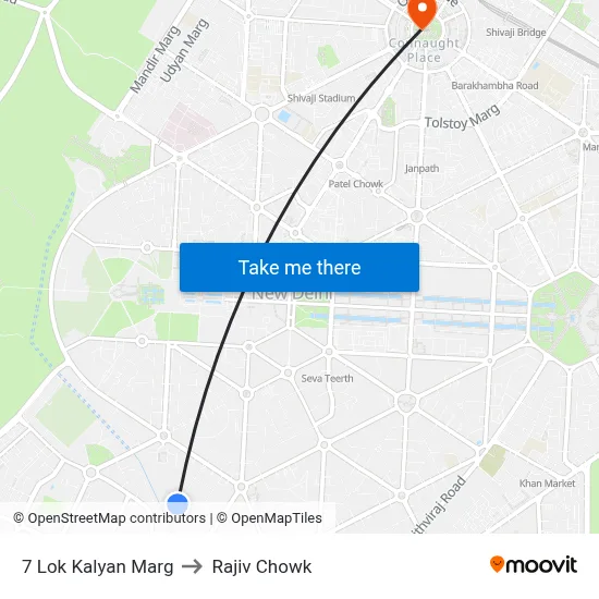 7 Lok Kalyan Marg to Rajiv Chowk map