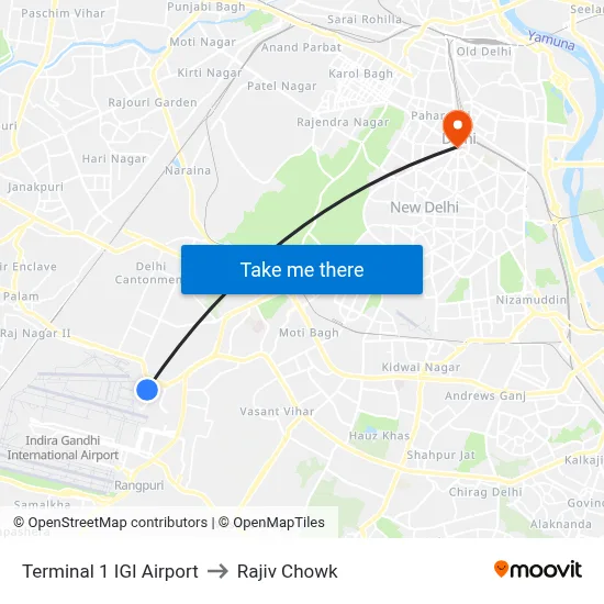 Terminal 1 IGI Airport to Rajiv Chowk map