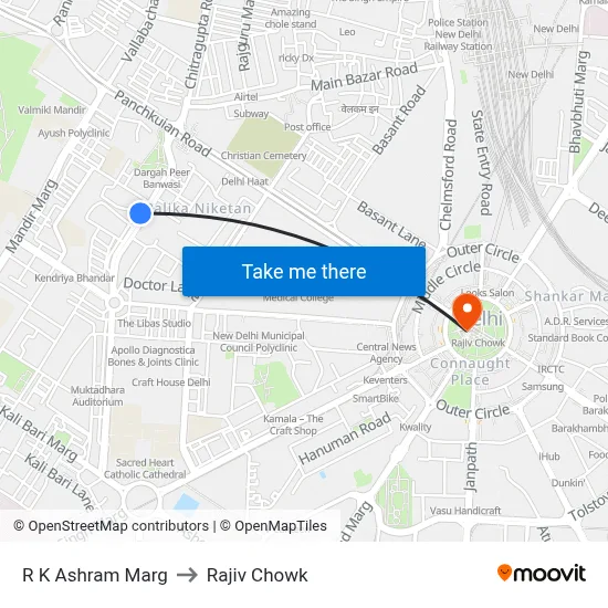 R K Ashram Marg to Rajiv Chowk map