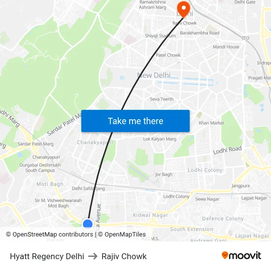 Hyatt Regency Delhi to Rajiv Chowk map