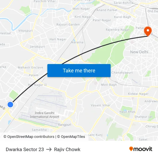 Dwarka Sector 23 to Rajiv Chowk map