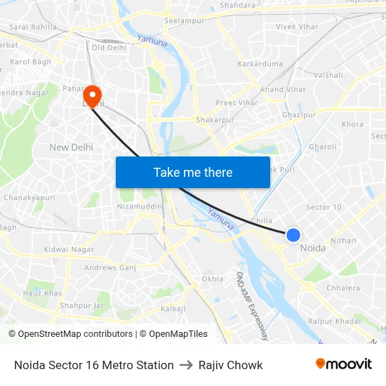 Noida Sector 16 Metro Station to Rajiv Chowk map