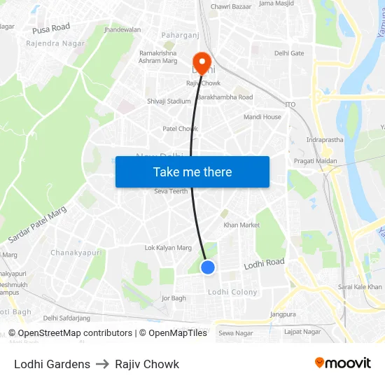 Lodhi Gardens to Rajiv Chowk map