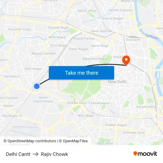 Delhi Cantt to Rajiv Chowk map