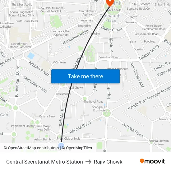 Central Secretariat Metro Station to Rajiv Chowk map