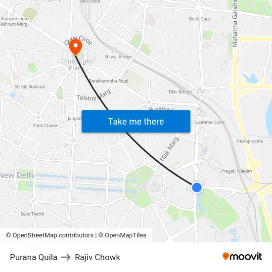 Purana Quila to Rajiv Chowk map