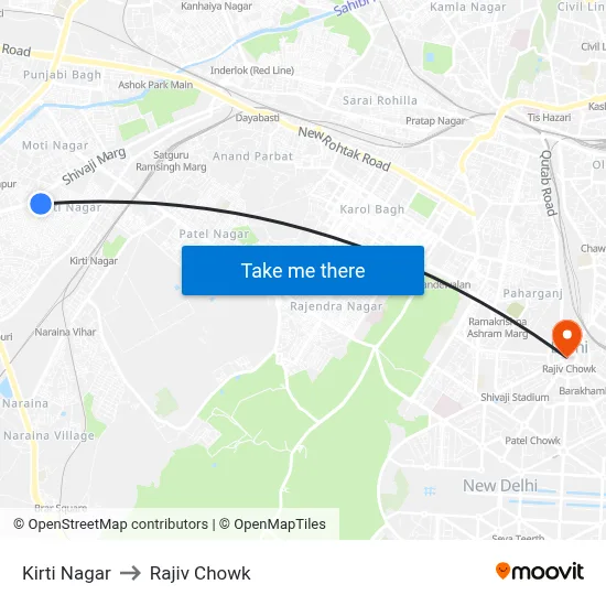 Kirti Nagar to Rajiv Chowk map