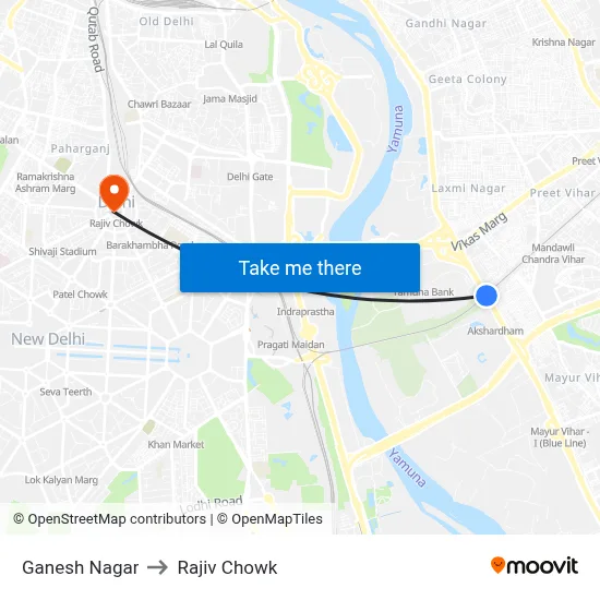 Ganesh Nagar to Rajiv Chowk map