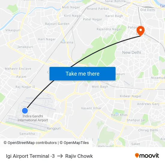 Igi Airport Terminal -3 to Rajiv Chowk map