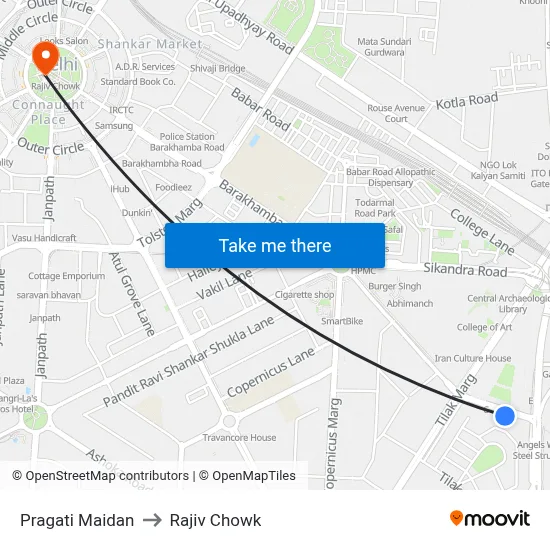 Pragati Maidan to Rajiv Chowk map