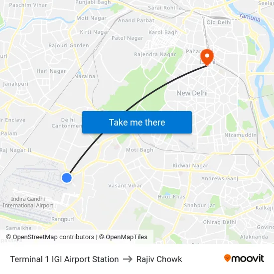 Terminal 1 IGI Airport Station to Rajiv Chowk map