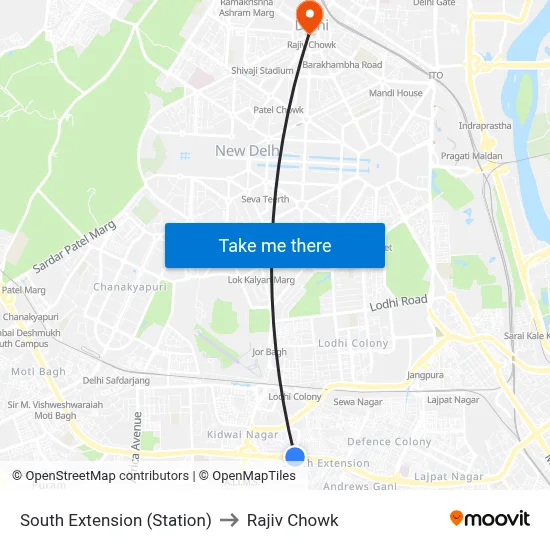 South Extension (Station) to Rajiv Chowk map