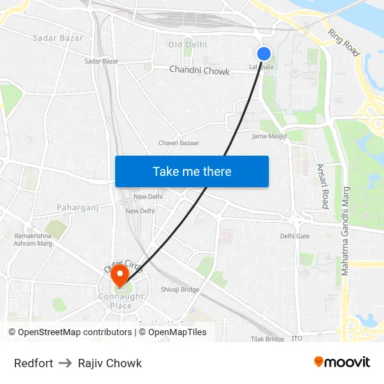 Redfort to Rajiv Chowk map