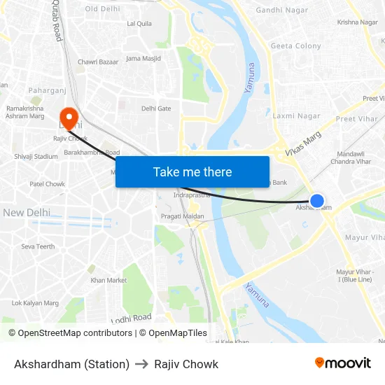 Akshardham (Station) to Rajiv Chowk map